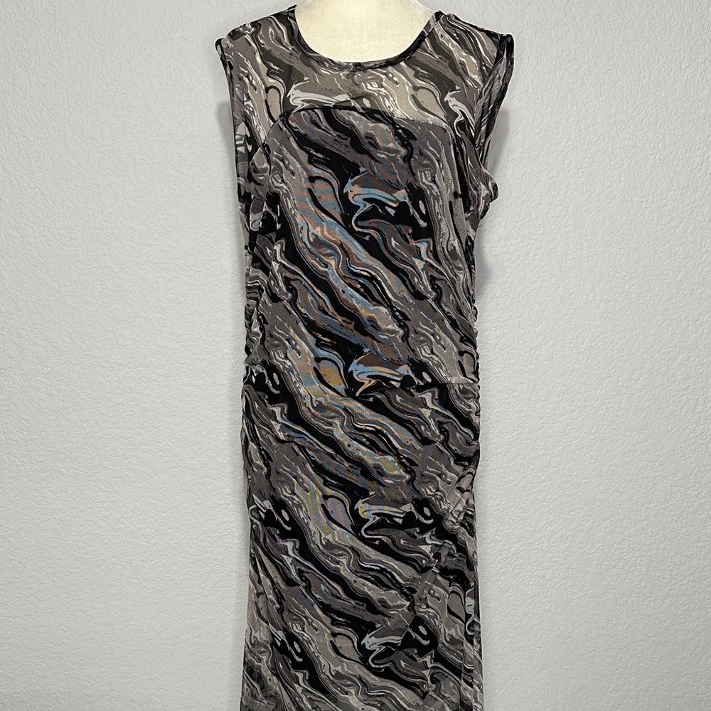 Forever Rose Women’s Ruched Mesh Graphic Print Tank Dress Black Gray 1X